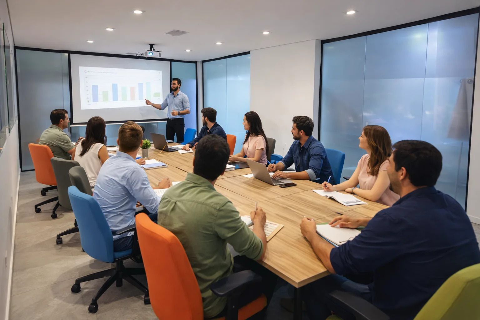 Sala de reunião por hora para startups no Coworking Brooklin — apresentação com equipe e projetor